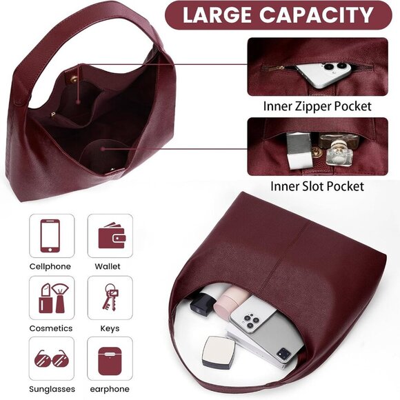 Slouchy Hobo Bag Vegan Leather Tote Bag for Women Burgundy Work Tote Bag College - Picture 4 of 6